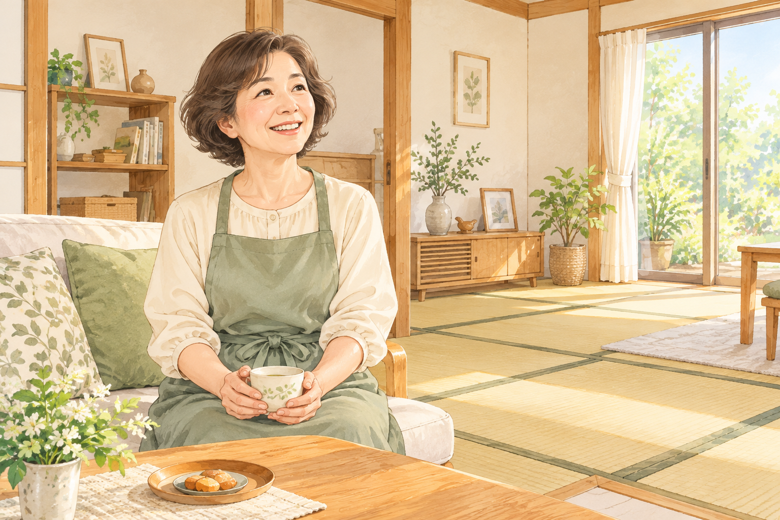 片付いた部屋で安心して笑顔になる女性のイメージイラスト
