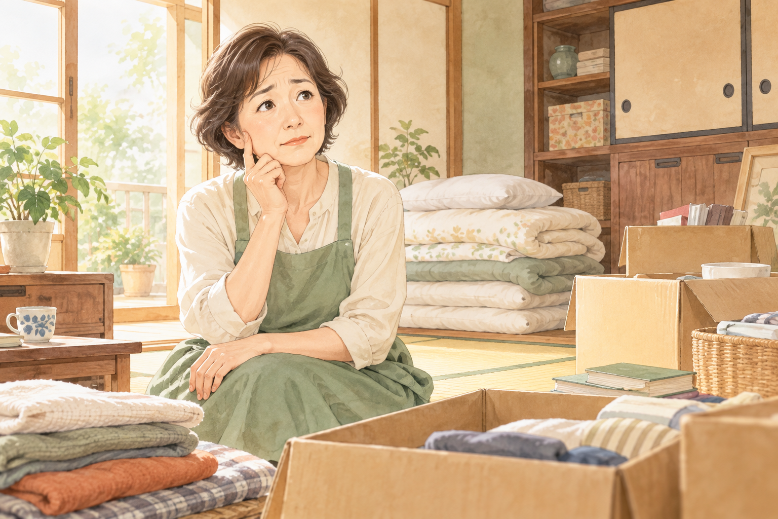 部屋の片付けをどこから始めればよいか悩む女性のイメージイラスト