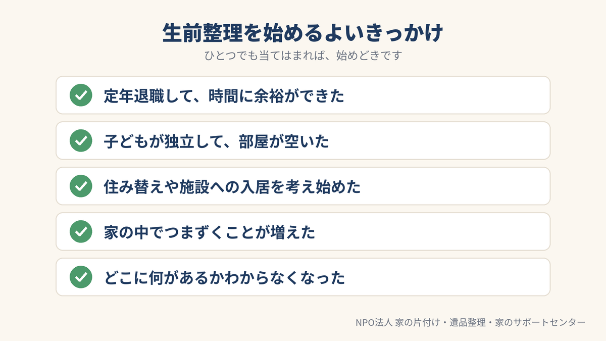 生前整理を始めるきっかけのチェックリスト：定年退職、子どもの独立、住み替えや施設入居の検討、家の中でつまずくことが増えた、物の置き場所がわからなくなった